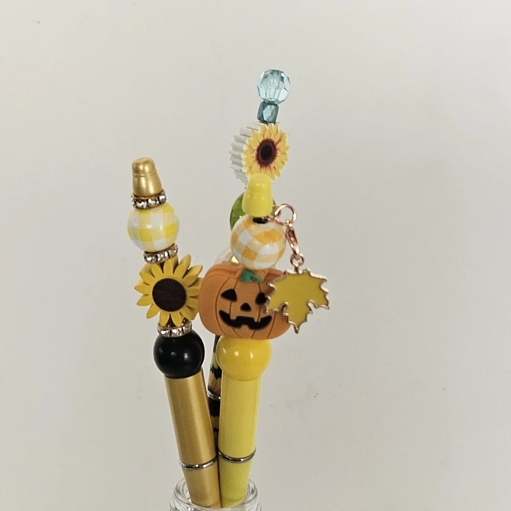 Hand Crafted Halloween Pens Fall & Floral Beaded Set of 3 Ballpoint Black Ink 6